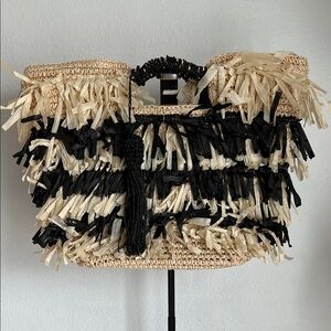 Black and Cream Fringe Beach Bag with Tassel Detail